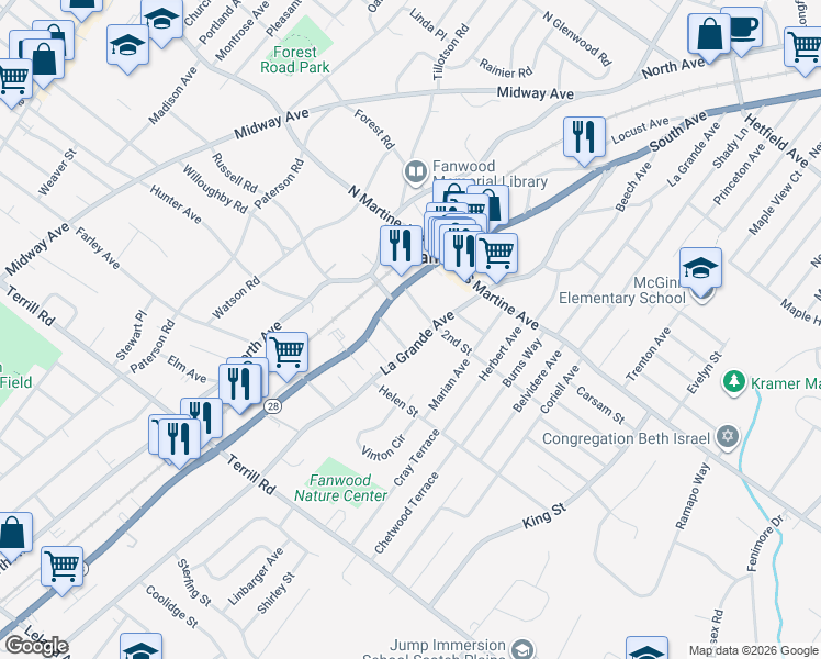 map of restaurants, bars, coffee shops, grocery stores, and more near 170-204 La Grande Avenue in Fanwood