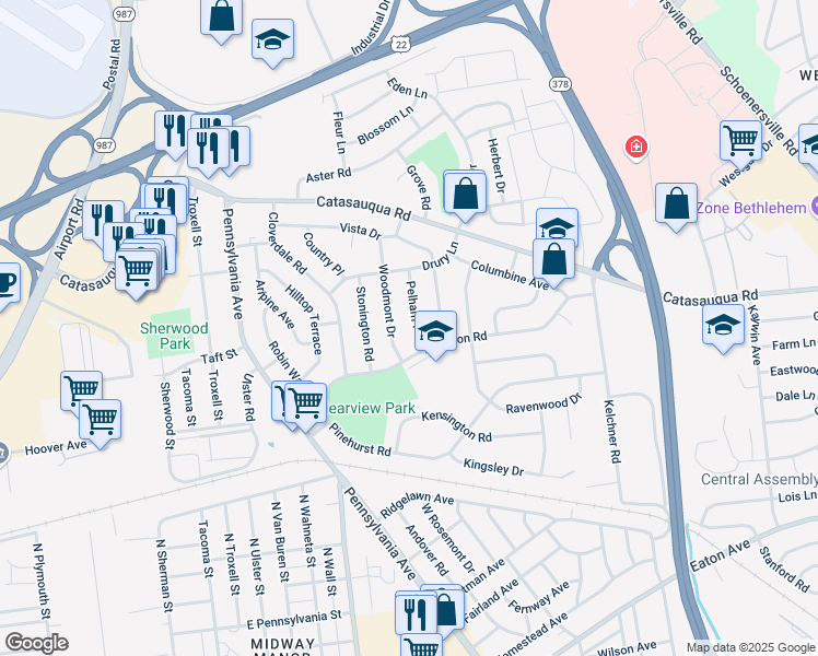 map of restaurants, bars, coffee shops, grocery stores, and more near 1813 Woodmont Drive in Bethlehem