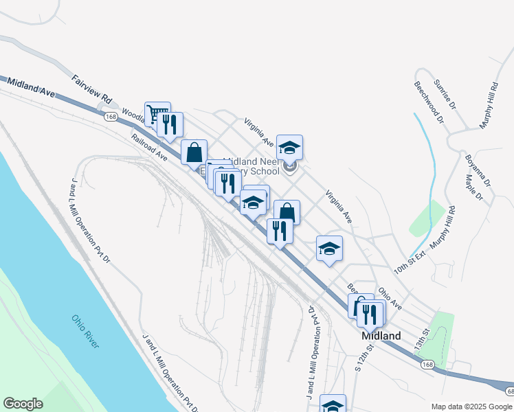 map of restaurants, bars, coffee shops, grocery stores, and more near 9 7th Street in Midland