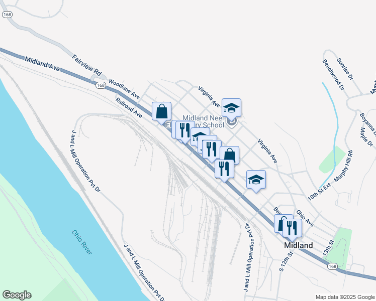 map of restaurants, bars, coffee shops, grocery stores, and more near 542 Midland Avenue in Midland