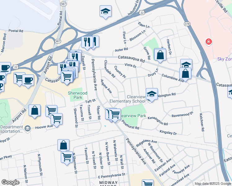 map of restaurants, bars, coffee shops, grocery stores, and more near 1911 Hilltop Terrace in Bethlehem