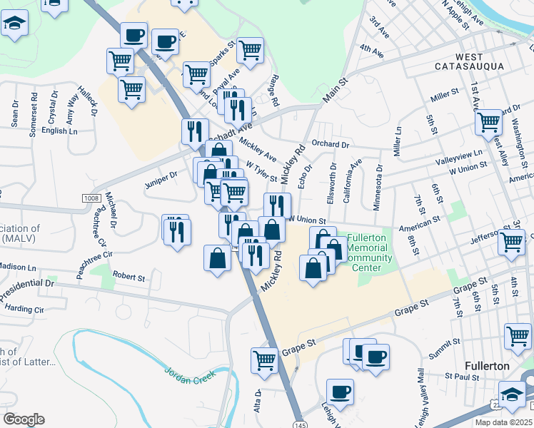 map of restaurants, bars, coffee shops, grocery stores, and more near 1190 Mickley Road in Fullerton