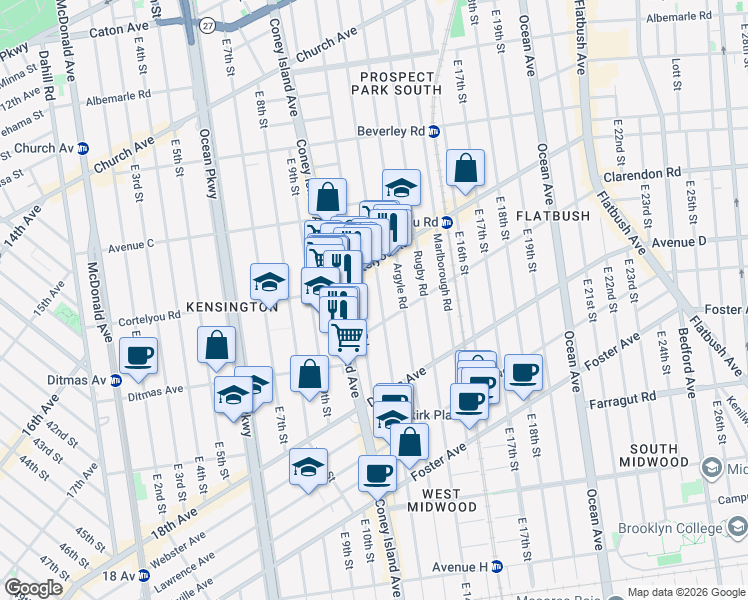 map of restaurants, bars, coffee shops, grocery stores, and more near 447 Westminster Road in Brooklyn