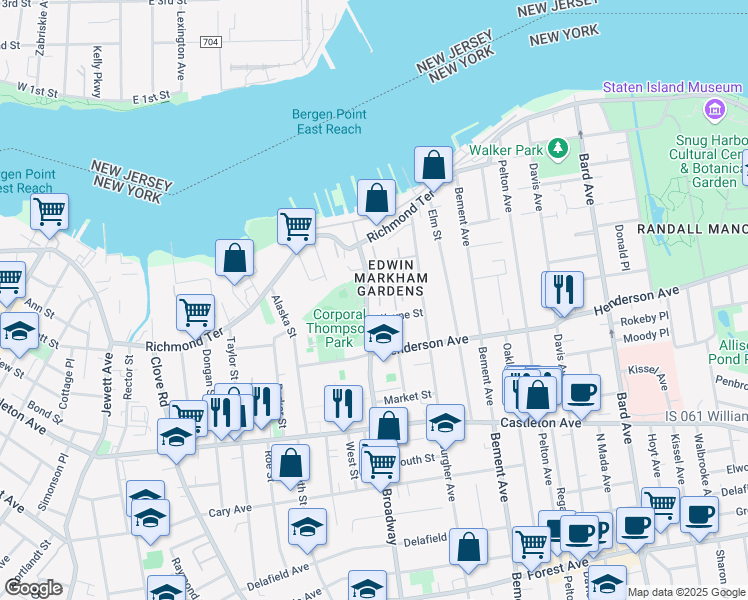 map of restaurants, bars, coffee shops, grocery stores, and more near 111 Broadway in Staten Island