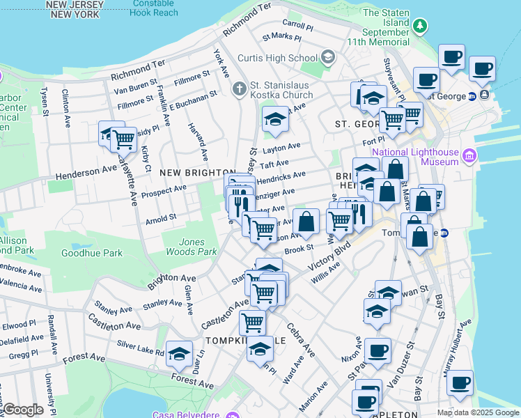 map of restaurants, bars, coffee shops, grocery stores, and more near 133 Winter Avenue in Staten Island