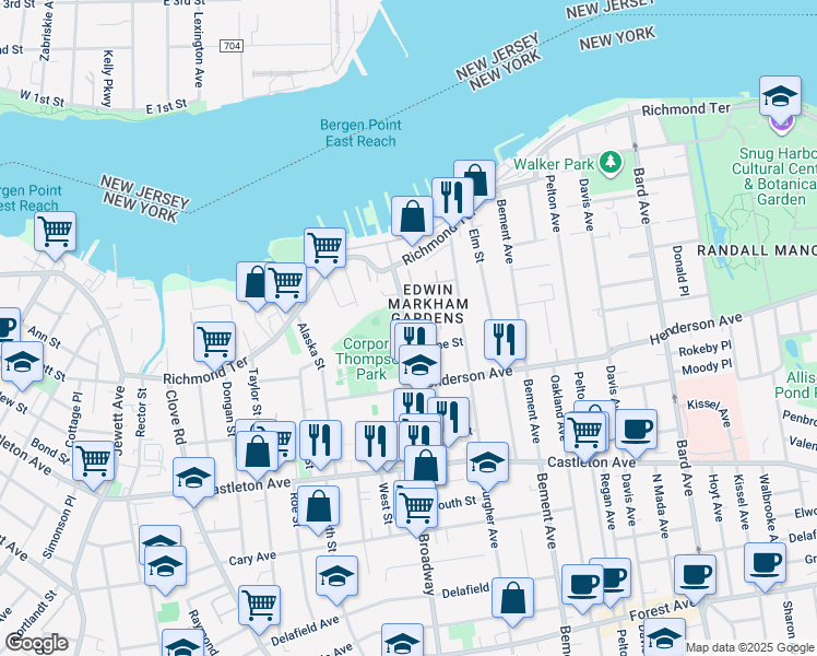 map of restaurants, bars, coffee shops, grocery stores, and more near 111 Broadway in Staten Island
