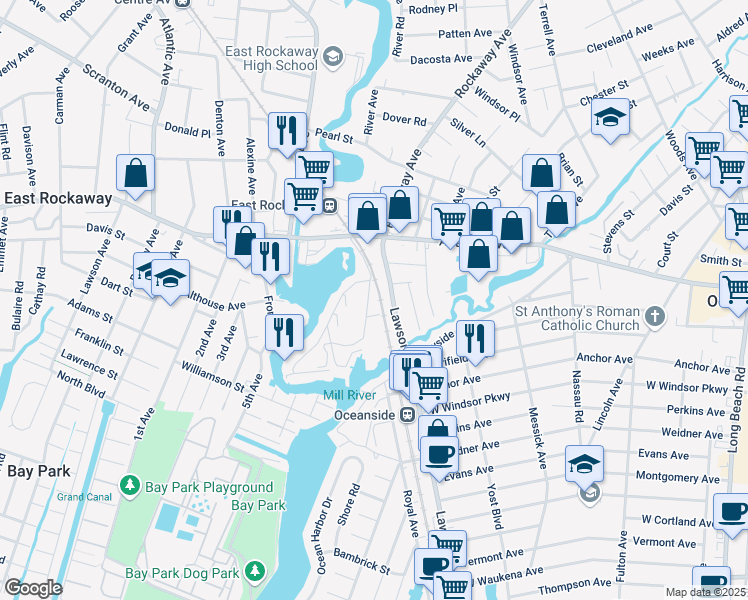 map of restaurants, bars, coffee shops, grocery stores, and more near 3000 Lawson Boulevard in Oceanside