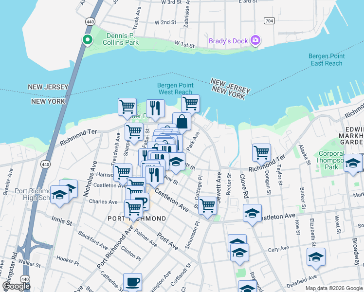 map of restaurants, bars, coffee shops, grocery stores, and more near 95 Ann Street in Staten Island