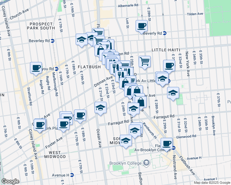 map of restaurants, bars, coffee shops, grocery stores, and more near 463 East 23rd Street in Brooklyn