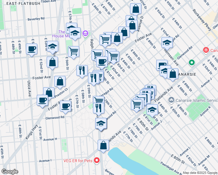 map of restaurants, bars, coffee shops, grocery stores, and more near 592 East 80th Street in Brooklyn