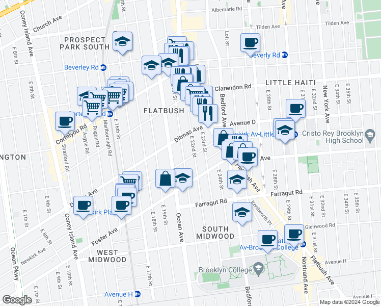 map of restaurants, bars, coffee shops, grocery stores, and more near 518 East 22nd Street in Brooklyn