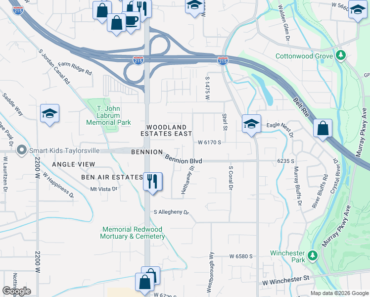 map of restaurants, bars, coffee shops, grocery stores, and more near 6189 Elderberry Lane in Taylorsville