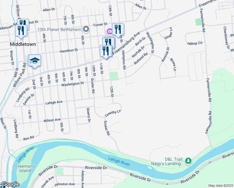map of restaurants, bars, coffee shops, grocery stores, and more near 3845 Lehigh Avenue in Bethlehem