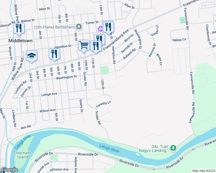 map of restaurants, bars, coffee shops, grocery stores, and more near 3845 Lehigh Avenue in Bethlehem