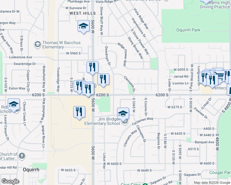 map of restaurants, bars, coffee shops, grocery stores, and more near 6149 Dewdrops Drive in Kearns