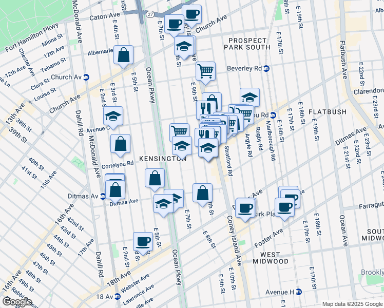 map of restaurants, bars, coffee shops, grocery stores, and more near 801 Cortelyou Road in Brooklyn