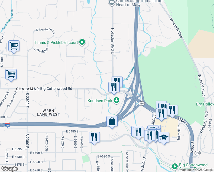 map of restaurants, bars, coffee shops, grocery stores, and more near 6178 Holladay Boulevard east in Holladay