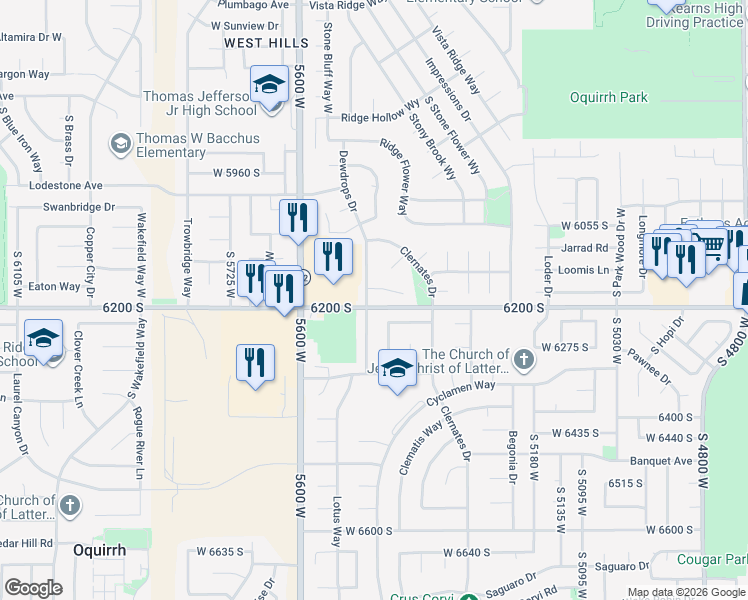 map of restaurants, bars, coffee shops, grocery stores, and more near 6149 Dewdrops Drive in Kearns