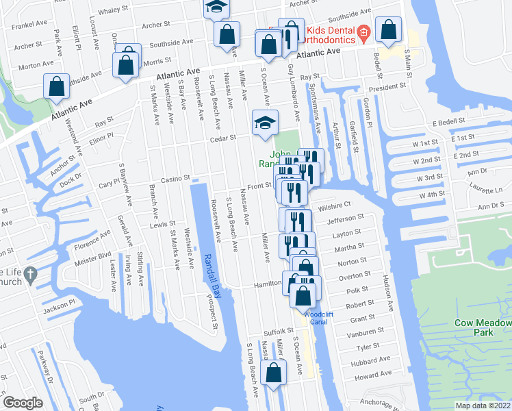 map of restaurants, bars, coffee shops, grocery stores, and more near 75 Front Street in Freeport