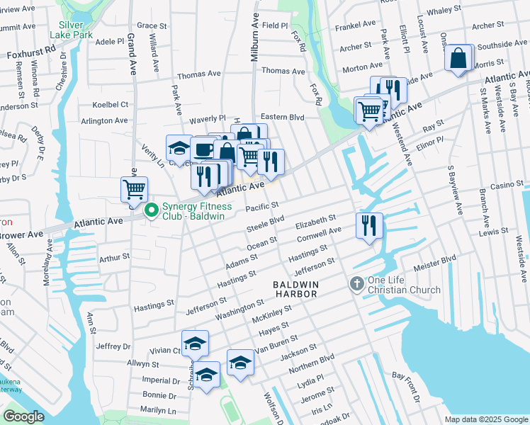 map of restaurants, bars, coffee shops, grocery stores, and more near 229 Milburn Avenue in Baldwin
