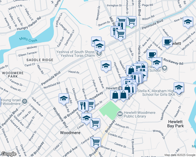 map of restaurants, bars, coffee shops, grocery stores, and more near 385 Daub Avenue in Hewlett