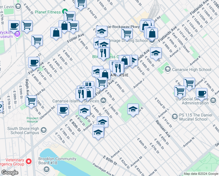 map of restaurants, bars, coffee shops, grocery stores, and more near 758 East 88th Street in Brooklyn
