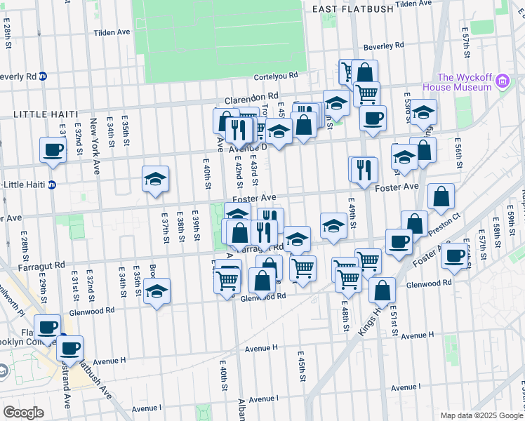 map of restaurants, bars, coffee shops, grocery stores, and more near 4317 Foster Avenue in Brooklyn
