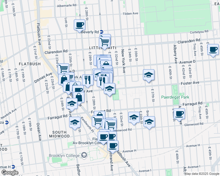 map of restaurants, bars, coffee shops, grocery stores, and more near 1358 New York Avenue in Brooklyn
