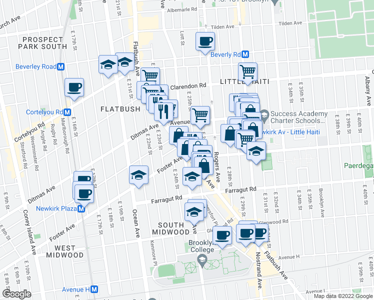 map of restaurants, bars, coffee shops, grocery stores, and more near 2523 Newkirk Avenue in Brooklyn
