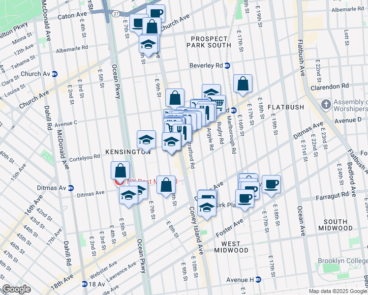 map of restaurants, bars, coffee shops, grocery stores, and more near 1022 Cortelyou Road in Brooklyn