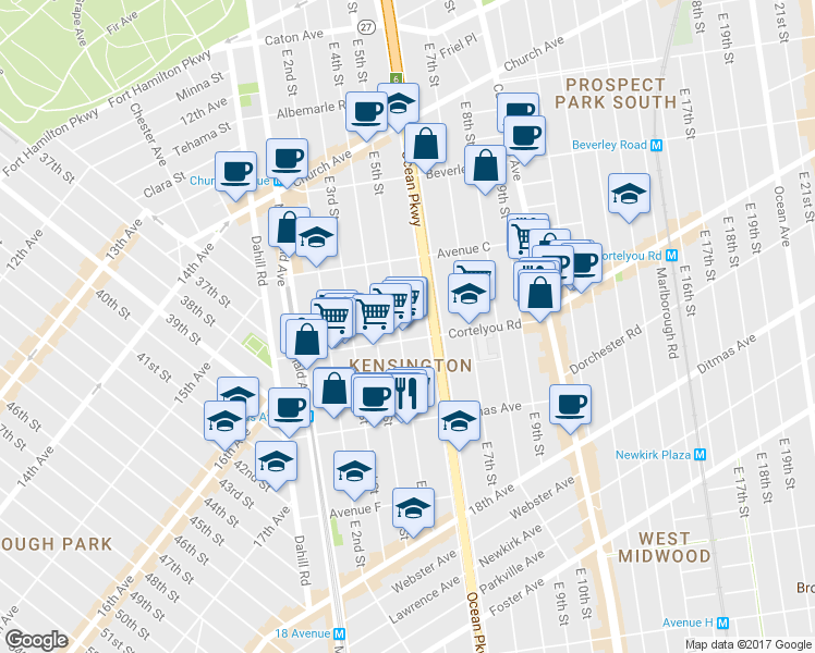 map of restaurants, bars, coffee shops, grocery stores, and more near 386 Ocean Parkway Service Road in Brooklyn