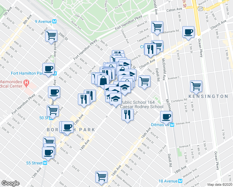map of restaurants, bars, coffee shops, grocery stores, and more near 1328 40th Street in Brooklyn