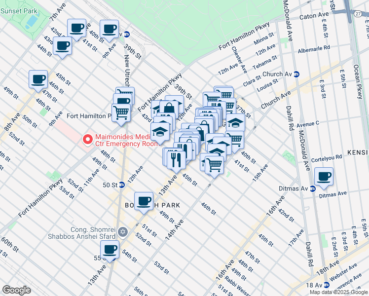 map of restaurants, bars, coffee shops, grocery stores, and more near 1249 42nd Street in Brooklyn