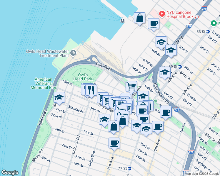 map of restaurants, bars, coffee shops, grocery stores, and more near 6645 Bergen Place in Brooklyn