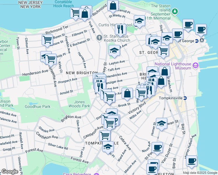 map of restaurants, bars, coffee shops, grocery stores, and more near 231 Benziger Avenue in Staten Island