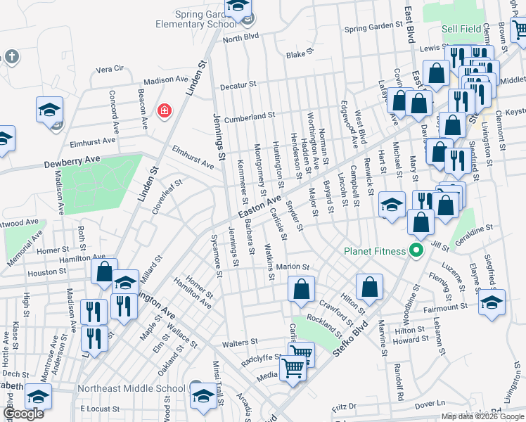 map of restaurants, bars, coffee shops, grocery stores, and more near 2003 Easton Avenue in Bethlehem