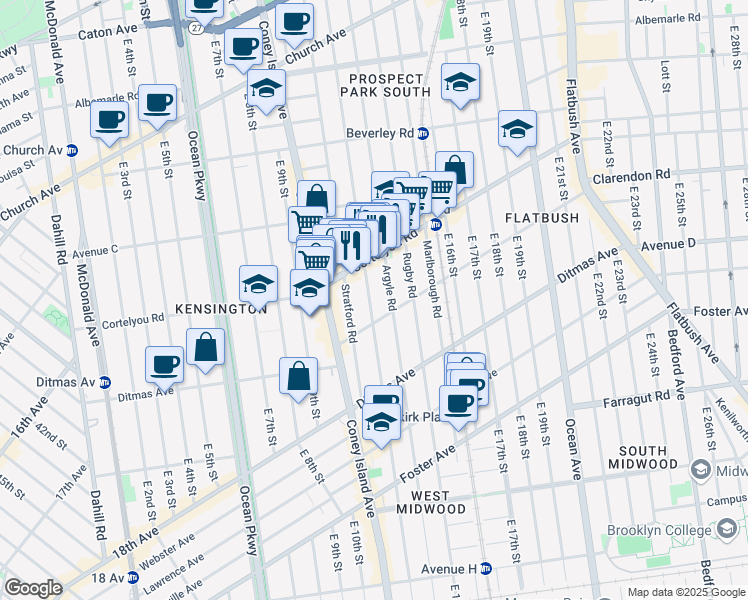 map of restaurants, bars, coffee shops, grocery stores, and more near 415 Westminster Road in Brooklyn