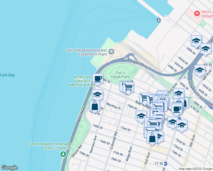 map of restaurants, bars, coffee shops, grocery stores, and more near 6817 Owls Head Court in Brooklyn