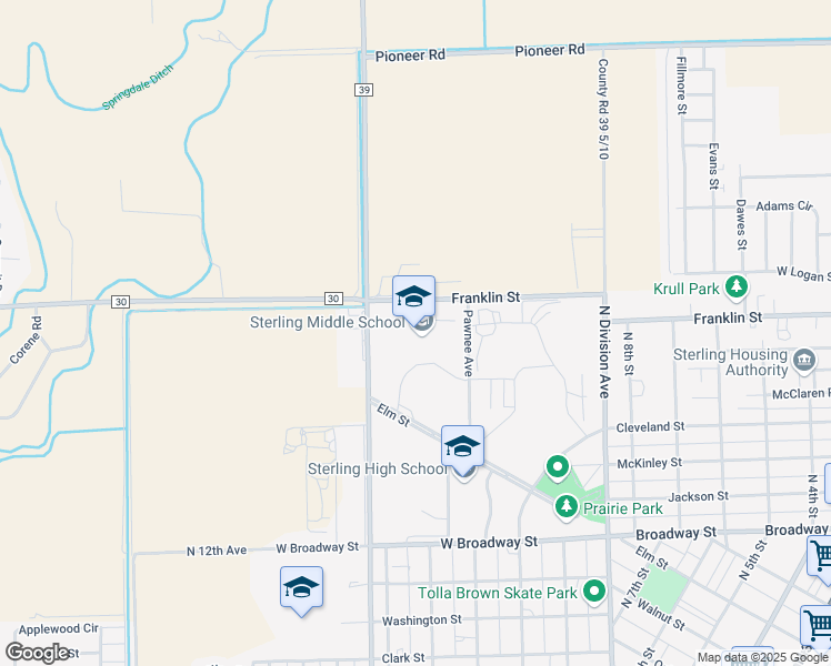 map of restaurants, bars, coffee shops, grocery stores, and more near 1177 Pawnee Avenue in Sterling