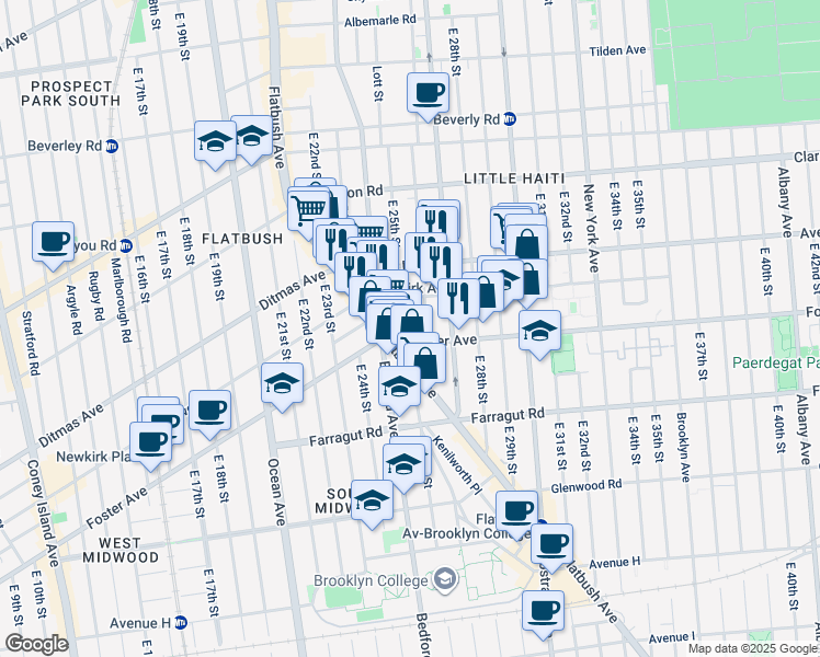 map of restaurants, bars, coffee shops, grocery stores, and more near 2523 Newkirk Avenue in Brooklyn
