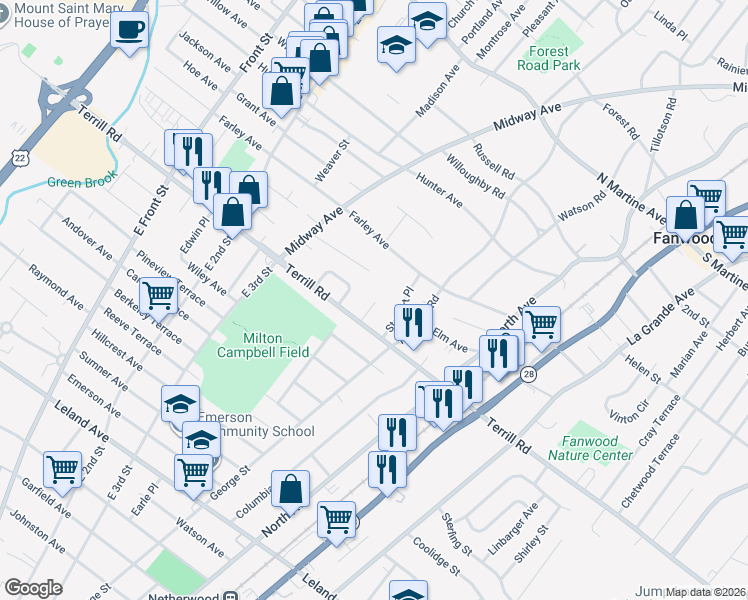 map of restaurants, bars, coffee shops, grocery stores, and more near 26 Tower Place in Fanwood