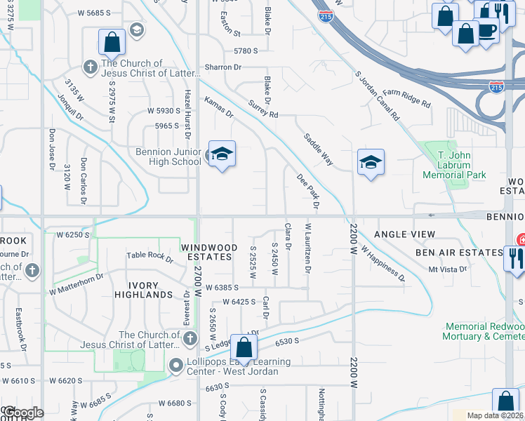 map of restaurants, bars, coffee shops, grocery stores, and more near 2493 6170 South in Salt Lake City