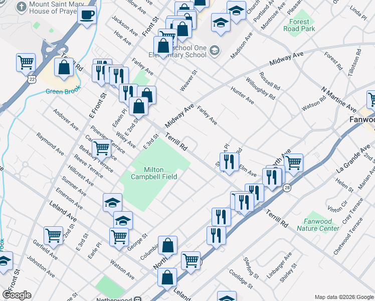 map of restaurants, bars, coffee shops, grocery stores, and more near 16 Mary Lane in Fanwood