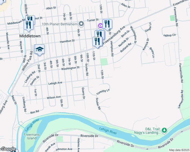 map of restaurants, bars, coffee shops, grocery stores, and more near 1611 11th Street in Bethlehem