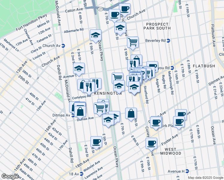 map of restaurants, bars, coffee shops, grocery stores, and more near 387 Ocean Parkway in Brooklyn