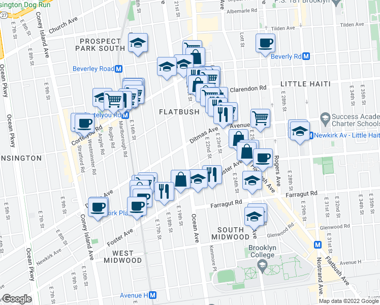 map of restaurants, bars, coffee shops, grocery stores, and more near 967 Ocean Avenue in Brooklyn