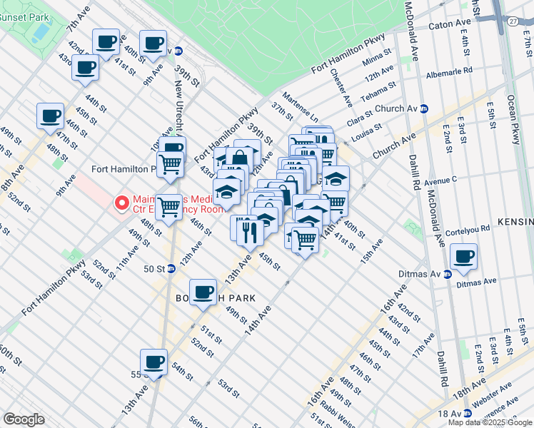 map of restaurants, bars, coffee shops, grocery stores, and more near 1265 43rd Street in Brooklyn
