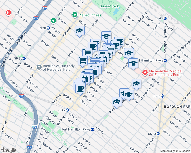 map of restaurants, bars, coffee shops, grocery stores, and more near 8th Ave & 54th St in Brooklyn
