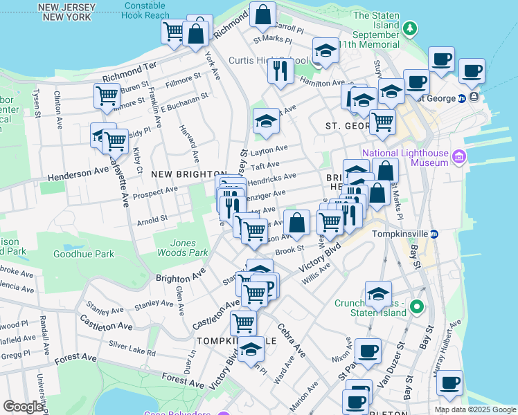 map of restaurants, bars, coffee shops, grocery stores, and more near 231 Benziger Avenue in Staten Island