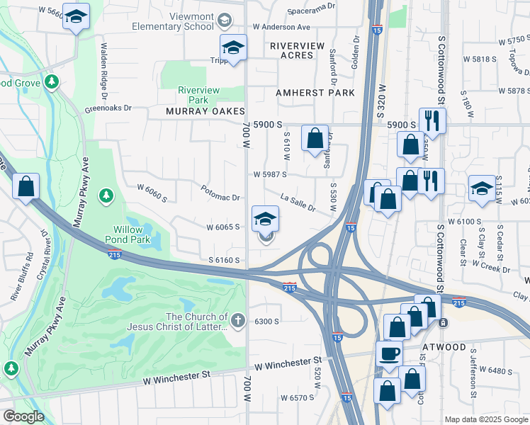 map of restaurants, bars, coffee shops, grocery stores, and more near 6041 LaSalle Circle in Murray